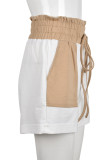 White Casual Draw String Pocket Patchwork Loose High Waist Straight Patchwork Bottoms