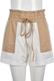 White Casual Draw String Pocket Patchwork Loose High Waist Straight Patchwork Bottoms