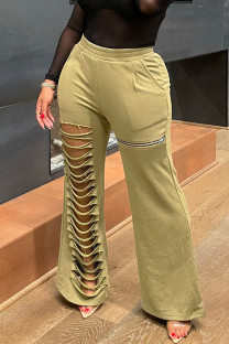 Khaki Casual Solid Color Hollow Out Pocket Patchwork Zipper Loose Mid Waist Wide Leg Patchwork Bottoms