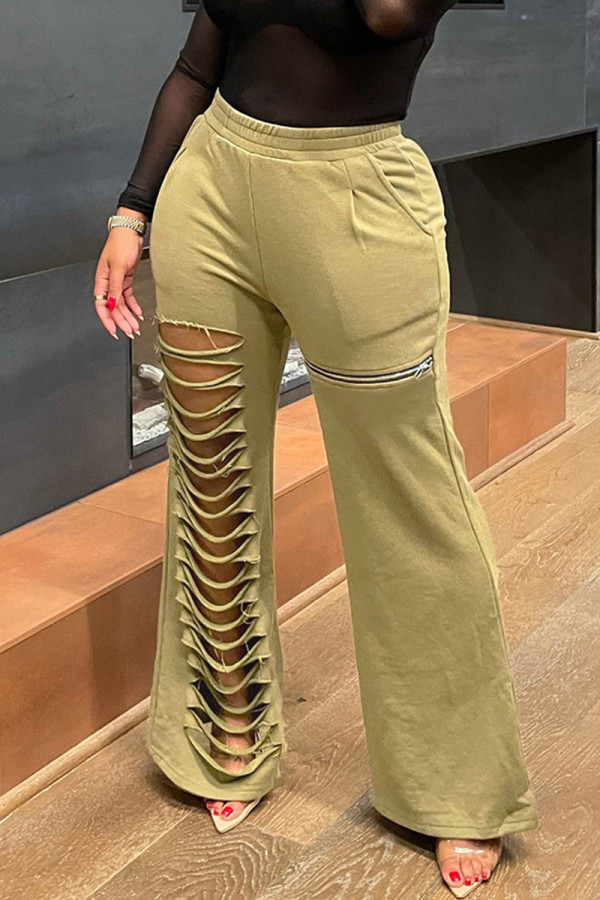 Khaki Casual Solid Color Hollow Out Pocket Patchwork Zipper Loose Mid Waist Wide Leg Patchwork Bottoms