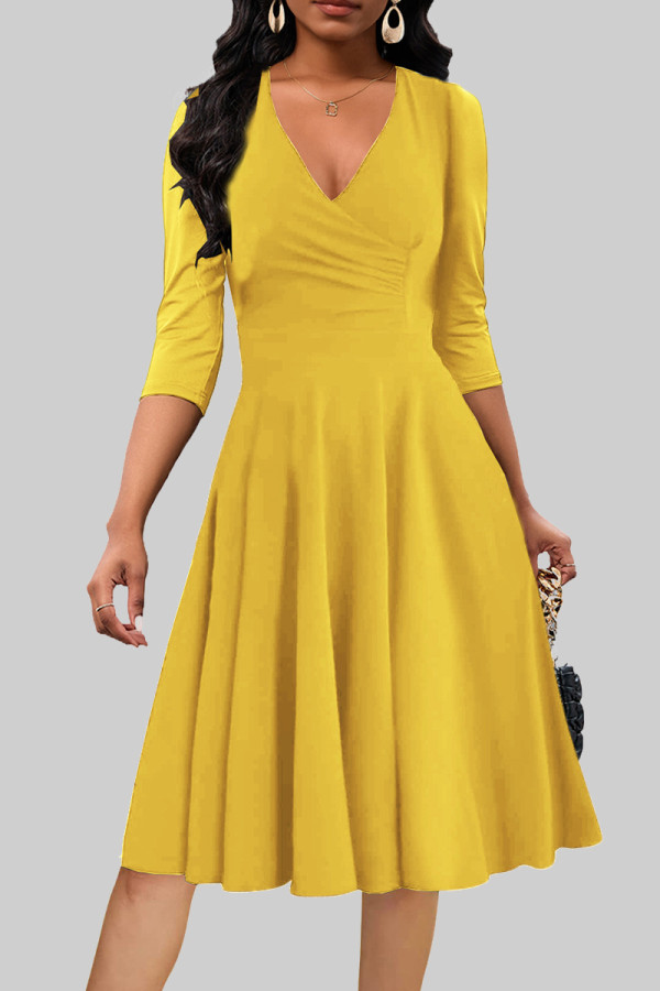 Yellow Celebrities Solid Color Patchwork Ruched V Neck A Line Dresses