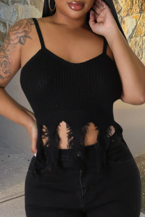 Black Sexy Solid Color Patchwork Backless Spaghetti Strap Tops