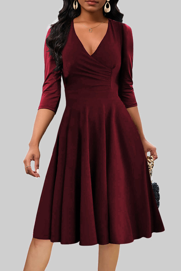 Burgundy Celebrities Solid Color Patchwork Ruched V Neck A Line Dresses