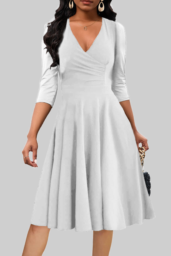 White Celebrities Solid Color Patchwork Ruched V Neck A Line Dresses