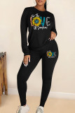 Black Casual Print Patchwork O Neck Long Sleeve Two Pieces