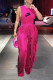 Rose Red Sexy Street Letter Print Fringed Trim O Neck Sleeveless Two Pieces