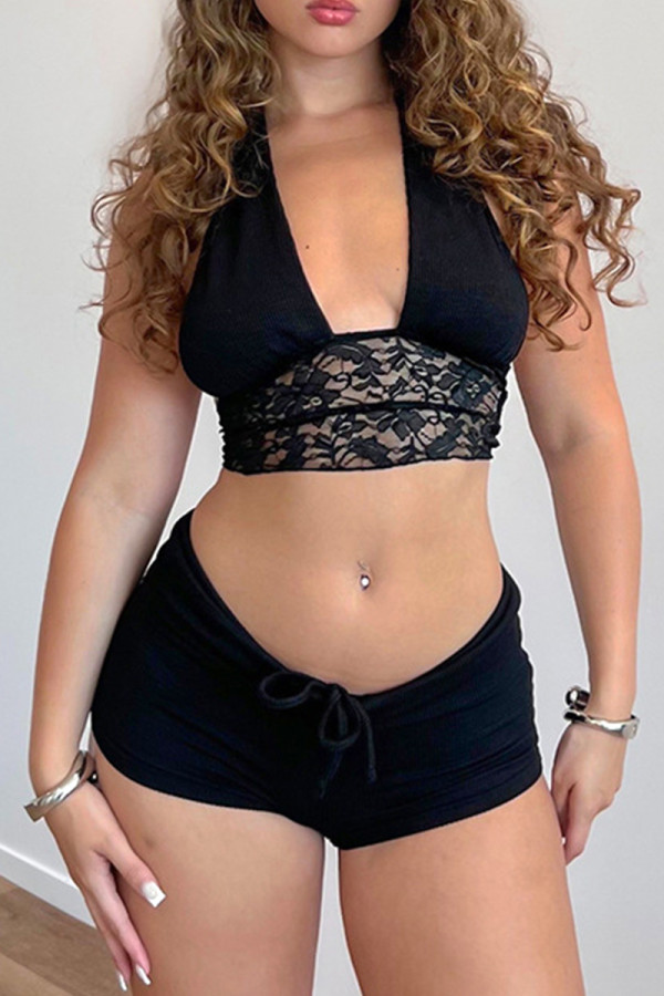 Black Sexy Solid Color Lace Patchwork Strap Design V Neck Sleeveless Two Pieces