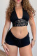 Black Sexy Solid Color Lace Patchwork Strap Design V Neck Sleeveless Two Pieces