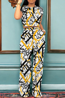 Black Yellow Casual Print Pocket Patchwork O Neck Short Sleeve Two Pieces