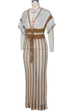 Camel Celebrities Hollow Out Patchwork Strap Design V Neck Short Sleeve Two Pieces