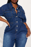 Deep Blue Casual Solid Color Pocket Buckle Patchwork Turndown Collar Regular Jumpsuits
