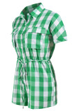 Green Casual Plaid Pocket Buckle Patchwork Strap Design Turndown Collar Loose Rompers