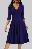 Blue Celebrities Solid Color Patchwork Ruched V Neck A Line Dresses
