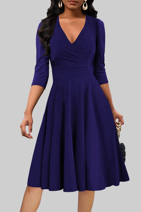 Dark Blue Celebrities Solid Color Patchwork Ruched V Neck A Line Dresses