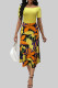 Yellow Celebrities Print Patchwork Off Shoulder Long Dresses