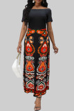 Orange Celebrities Print Patchwork Off Shoulder Long Dresses