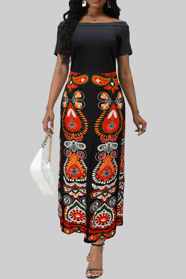 Orange Celebrities Print Patchwork Off Shoulder Long Dresses