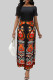 Orange Celebrities Print Patchwork Off Shoulder Long Dresses