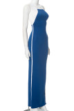 Blue Celebrities Patchwork Backless Contrast Spaghetti Strap Sling Dresses