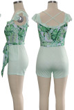 Green Sexy Print Patchwork Flounce Halter Skinny Rompers