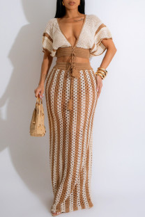 Camel Celebrities Hollow Out Patchwork Strap Design V Neck Short Sleeve Two Pieces