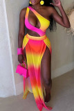 Yellow Sexy Gradient Color Hollow Out Patchwork Backless High Slit Oblique Collar Sleeveless Two Pieces