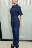 Deep Blue Casual Solid Color Pocket Buckle Patchwork Turndown Collar Regular Jumpsuits