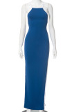 Blue Celebrities Patchwork Backless Contrast Spaghetti Strap Sling Dresses