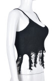 Black Sexy Solid Color Patchwork Backless Spaghetti Strap Tops