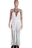 Yellow Celebrities Solid Color Patchwork Backless V Neck Loose Jumpsuits
