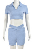Light Blue Casual Solid Color Hollow Out Patchwork V Neck Short Sleeve Two Pieces
