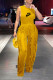 Yellow Sexy Street Letter Print Fringed Trim O Neck Sleeveless Two Pieces