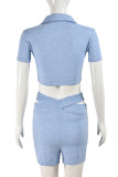 Light Blue Casual Solid Color Hollow Out Patchwork V Neck Short Sleeve Two Pieces