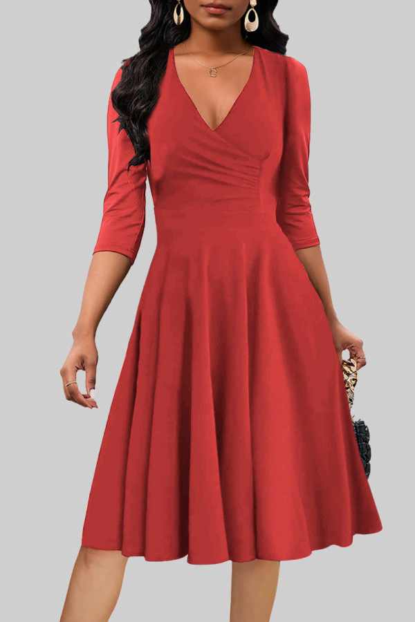 Red Celebrities Solid Color Patchwork Ruched V Neck A Line Dresses