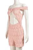 Pink Celebrities Solid Color Hollow Out Patchwork Backless Off Shoulder Skinny Rompers