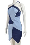 Blue Sexy Patchwork Backless Contrast Halter Wrapped Skirt Dresses