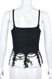 Black Sexy Solid Color Patchwork Backless Spaghetti Strap Tops