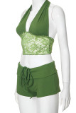 Pink Sexy Solid Color Lace Patchwork Strap Design V Neck Sleeveless Two Pieces