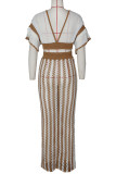 Camel Celebrities Hollow Out Patchwork Strap Design V Neck Short Sleeve Two Pieces