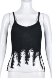Black Sexy Solid Color Patchwork Backless Spaghetti Strap Tops
