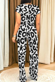 Black And White Casual Print Pocket Patchwork O Neck Short Sleeve Two Pieces