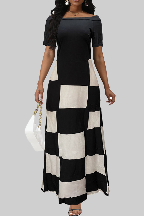 Black And White Celebrities Print Patchwork Off Shoulder Long Dresses