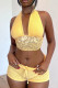 Yellow Sexy Solid Color Lace Patchwork Strap Design V Neck Sleeveless Two Pieces