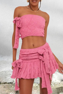 Pink Street Solid Color Patchwork Strap Design Strapless Sleeveless Two Pieces