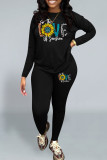 Black Casual Print Patchwork O Neck Long Sleeve Two Pieces