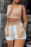 White Casual Draw String Pocket Patchwork Loose High Waist Straight Patchwork Bottoms