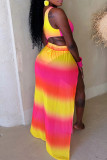 Yellow Sexy Gradient Color Hollow Out Patchwork Backless High Slit Oblique Collar Sleeveless Two Pieces