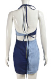 Blue Sexy Patchwork Backless Contrast Halter Wrapped Skirt Dresses