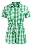 Green Casual Plaid Pocket Buckle Patchwork Strap Design Turndown Collar Loose Rompers