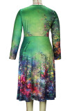 Green Celebrities Print Patchwork O Neck A Line Plus Size Dresses